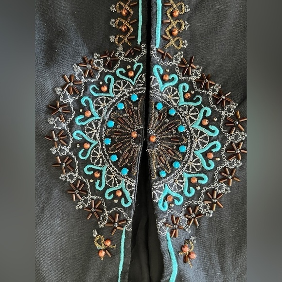 SARAH SPENCER 100% Linen Black Jacket Fully Lined Boho Turquoise Beaded Detail - Picture 3 of 14